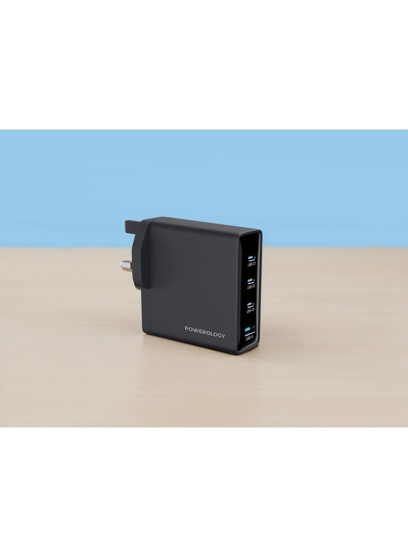 Powerology 140W Multi-Port Gan Adapter with 140W PD, 18W QC, 3 USB-C& 1 USB-A, Heat Resistant Housing, Multi-Device Charging - Image 3